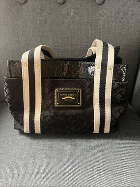 Tommy Hilfiger Black Tote with Cream and Black Striped Handles